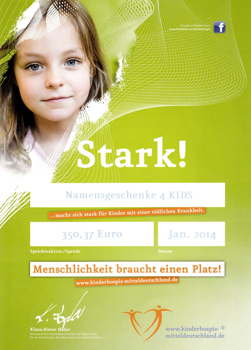 Urkunde und Spendenquittung für das Kinderhospiz Mitteldeutschland